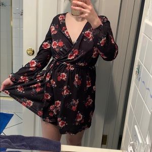 Black and Floral Print Long Sleeve Midi Dress